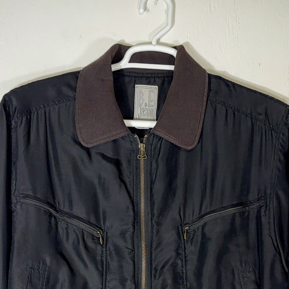VTG 90s 100% Silk Bomber Jacket Mens S Black Quilted Lightweight Quiet Luxury